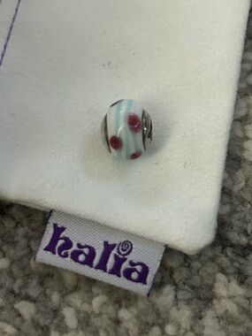NEW Glass Bead Charm - White with Light Blue Stripes & Red Dots, Sterling